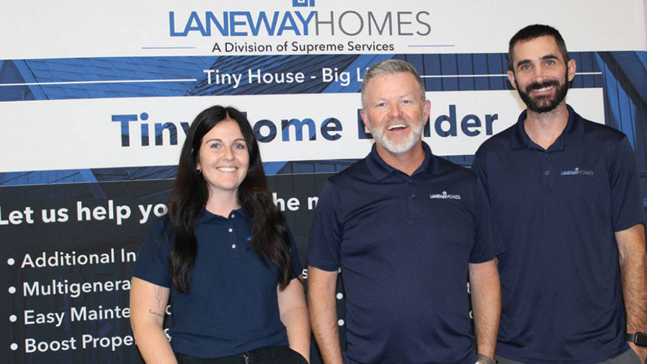 Pictured are: Hailey Flynn, Administrator, Dan Radmore, President, and Andrew Folkeringa, Project Manager, of Laneway Homes at the info session they hosted last Tuesday evening at the Essex Arena.