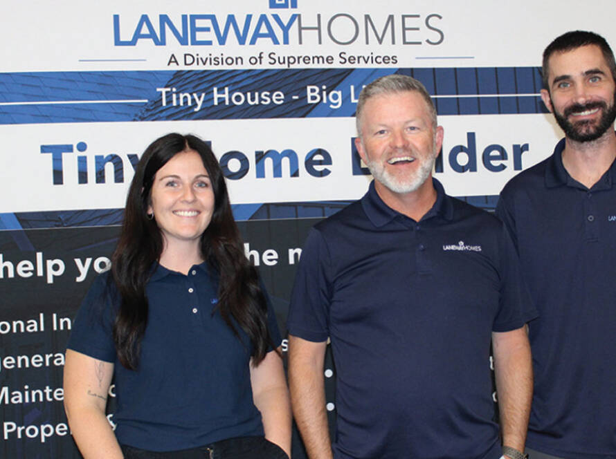 Pictured are: Hailey Flynn, Administrator, Dan Radmore, President, and Andrew Folkeringa, Project Manager, of Laneway Homes at the info session they hosted last Tuesday evening at the Essex Arena.