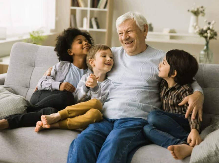 grandparent with grandkids in tiny home